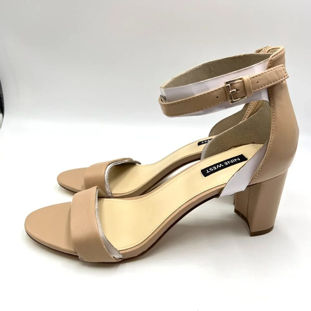 Nine West Womens Size 10 Nude Tan Beige Leather‎ Pruce Sandals Heels Shoes New
